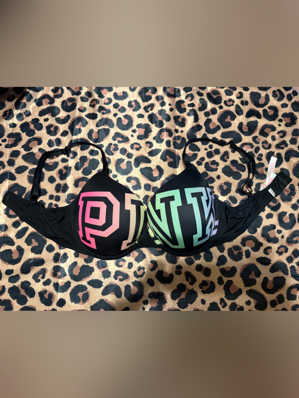 PINK Padded Push-Up Black Bra with Rainbow Lettering  (Size: 34 DD)